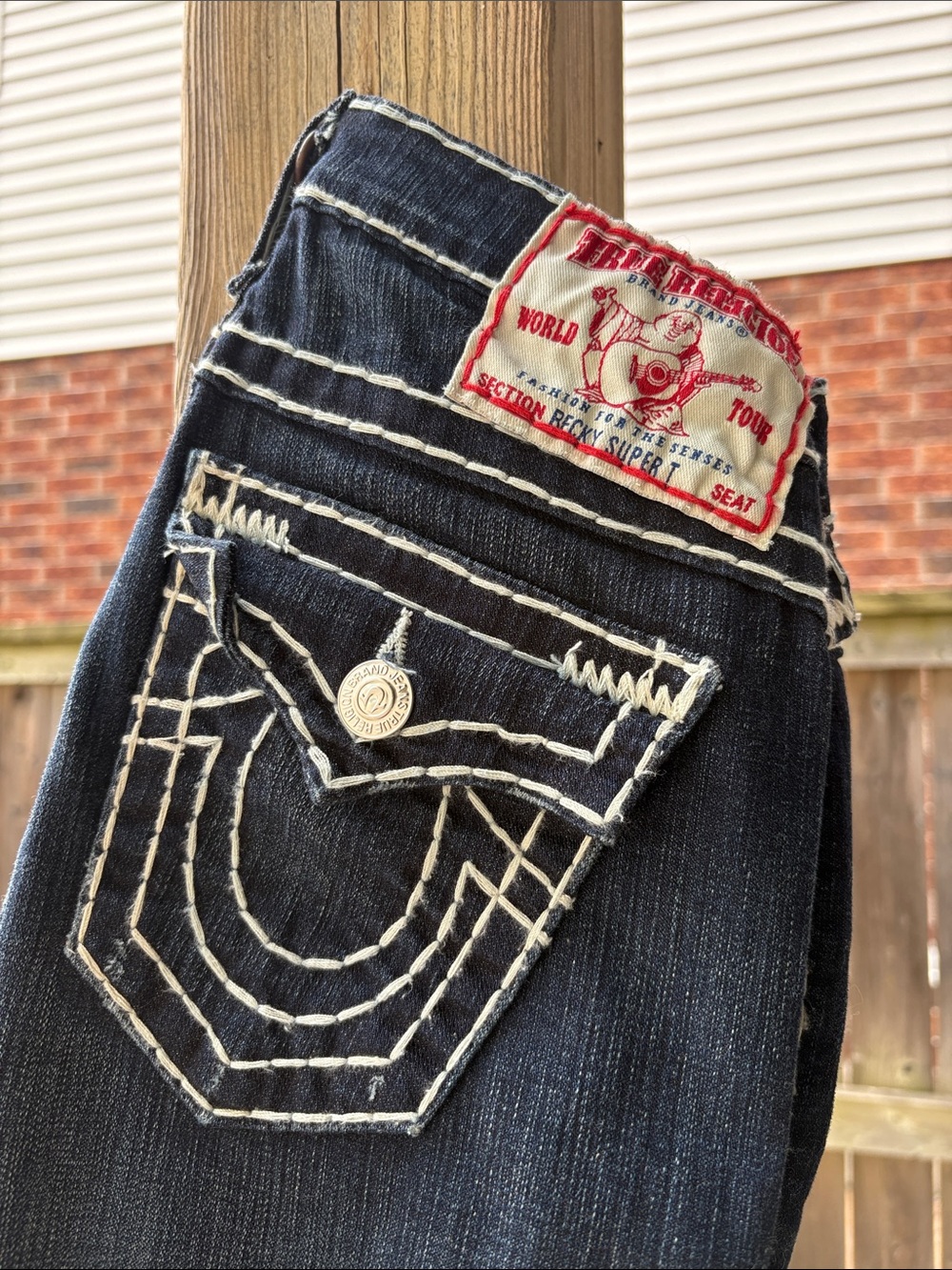 True Religion Women's Dark Indigo Bootcut Jeans with White Stitching